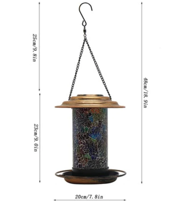 Outdoor Garden Holiday Decoration Wholesale Solar Charging Water Proof Landscape Bird Feeder LED Metal Mosaic Glass Yard Decorative Hanging Lighting